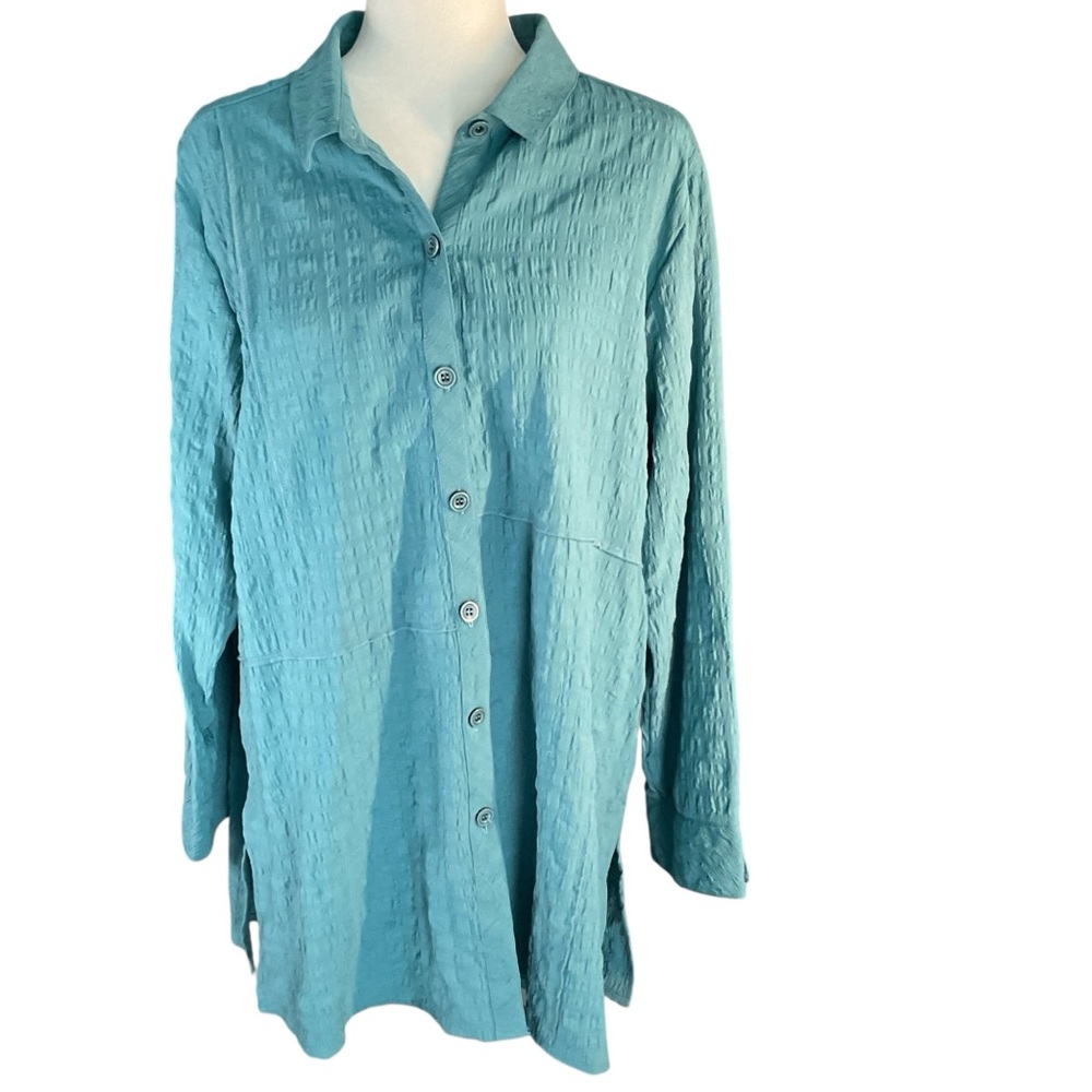 NWT Habitat Women's Teal Textured Crinkle Button Up Top Size XL